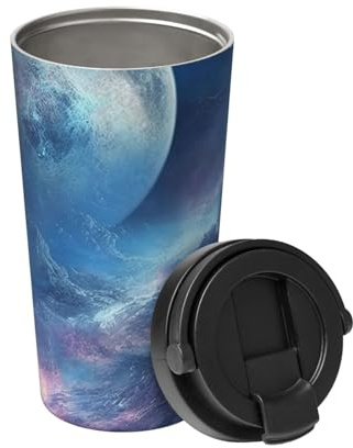 Insulated Coffee Mug with Handle and Leakproof Lid Travel Tumbler Nebula and Moon Stainless Steel Double Wall Vacuum Travel Mug Reusable Coffee Tumbler for Hot Iced Coffee Tea