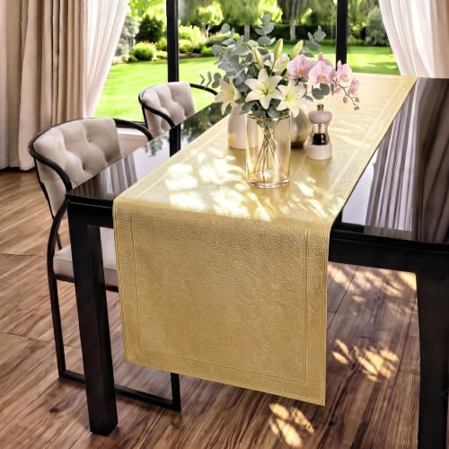 FAVE Goldfarben Vinyl Tischläufer 180 cm, waschbar für Esstisch | Hitzebeständig, Ausschnittdesign, für rechteckige Tische, Esstisch, Hochzeit, Party, Feiertag (Gold Wave, 180 cm)
