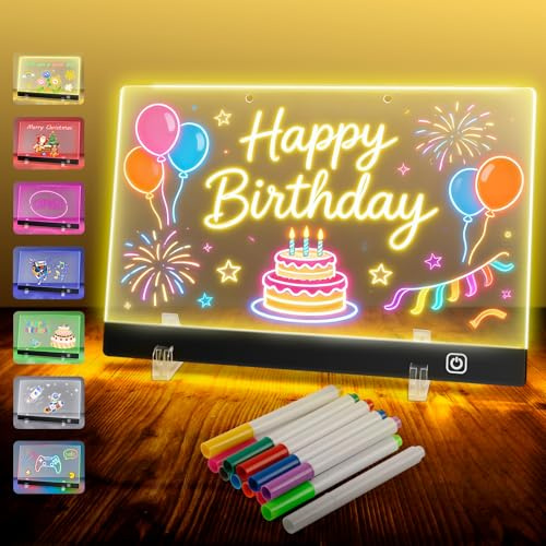 Wiederaufladbar LED Maltafel Kinder 30x20cm mit 7 Lichtfarben & 12 Stiften, Transparente Acryl LED Zeichentafel, Inkl. Upgrade Halter & Haken, Abwischbar Schreibtafel Notiztafel Leuchttafel, Schwarz
