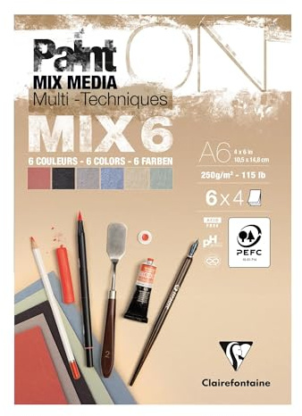 Clairefontaine 976013C - Zeichen- und Skizzenblock PaintON MIX 6 geleimt, 24 Blatt A6 (10,5x14,8cm) 250g, sortiert 6x4 Blatt, für Mixed Media, 1 Stück