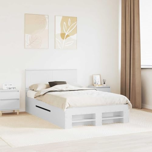 SooIarix Bettrahmen mit Kopfteil Weiß 137 x 203 cm, Modernes Einzelbett aus Holzwerkstoff, Langlebiges Gästebett für Schlafzimmer, Einfache Montage