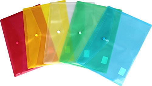 Dokumententasche A4 PP quer farbig sortiert mit Klappe Druckknopf 10 Stück | Reißfeste PP Folie, klare Übersicht, ideal zum Sammeln und Ordnen von Unterlagen bis 100 Blatt
