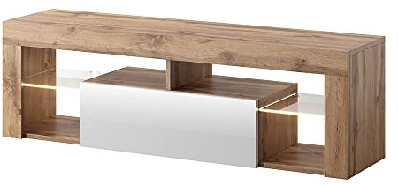 Selsey BIANKO - Mueble TV Moderno/Mesa TV/Mueble para Salón / 140 cm (con LED, Roble Dorado/Blanco Brillante)