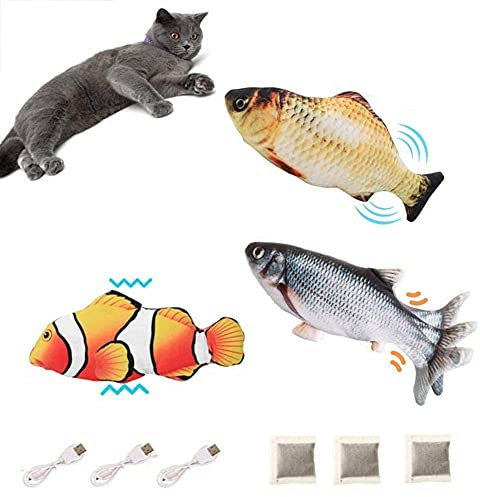 BangShou 3 Stück Elektrisch Spielzeug Fisch USB Elektrische Plüsch Fisch Kicker Katzenspielzeug mit Katzenminze Spielzeug für Katze und Kinder
