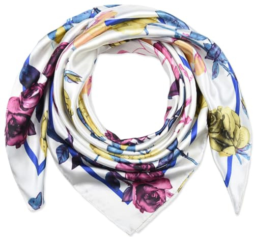 corciova Silk Like Hair Wrapping Scarf - White Colorful Flowers - Large