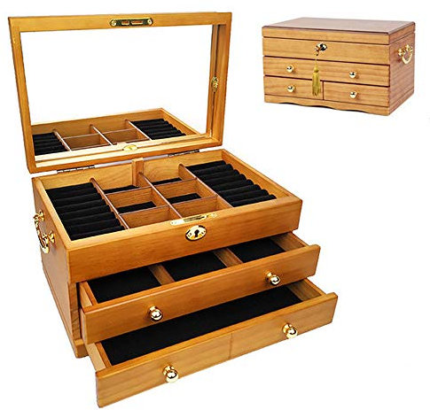 Schmuckkasten Holz, Schmuckkästchen Schmuckkoffer Mit 2 Schubladen, Schmuckschatulle Damen Abschließbarer Mit Spiegel Und Sperren Für Ohrringe, Halsketten, Armbänder, Uhren, Haarna,Wood color