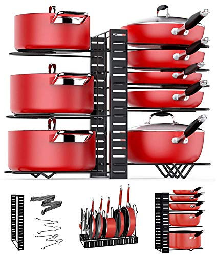 ARVINKEY Pot Rack Organizers, 8 Tiers Pan Organizer Rack for Cabinet, Adjustable Pot Lid Holders & Pan Rack With 3 DIY Methods for Kitchen Counter