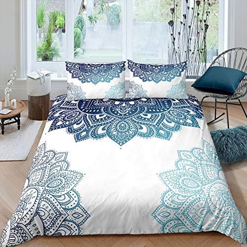 Homewish Blaues Mandala-Bettwäscheset, böhmischer Batik-Bettbezug 220×240 für Kinder, Jungen, Mädchen, Teenager, Boho Chic-Bettdecke mit Blumenbezug Tribal Gypsy Exotic für denschlafsaal für Kinder