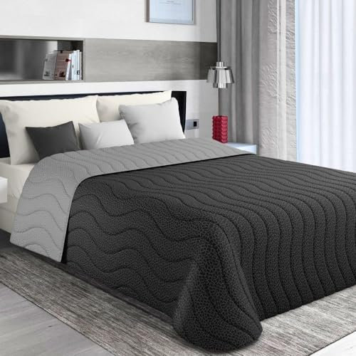 MAXIME MAISON - Tagesdecke 240x260 cm Schwarz/Grau Wendedesign, Tagesdecken Herbst/Frühling (100 gr/mq) Steppdecke Doppelbett Unterfüttert, Gesteppt, Weiche Mikrofaser, Made in Italy