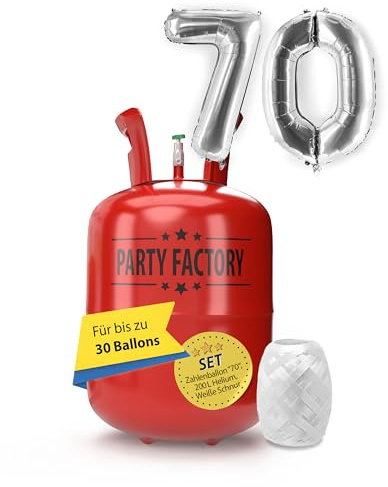 Party Factory – Helium Gasflasche 200L im Set mit XXL Zahlenballon 70 Silber – Partydeko Ballongas Flasche mit Folienballon & 40 m weißer Ballonschnur – Einwegflaschen mit Knick-Füllventil