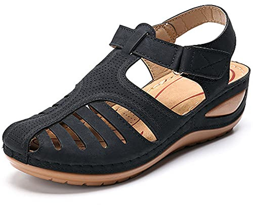 HHZY Sandales Femme Été Confortable Talon Compensées Nu-Pieds Mode Chaussure Orthopédique Bout Fermé Plateforme Cuir PU Grande Taille Chaussures de Plage,Noir,35