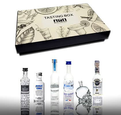 Vodka 6er Tasting Box - 6x Vodka Miniaturen Probierset Geschenk Set mit Three Sixty Absolut Belvedere Grey Goose Crystal Head Beluga
