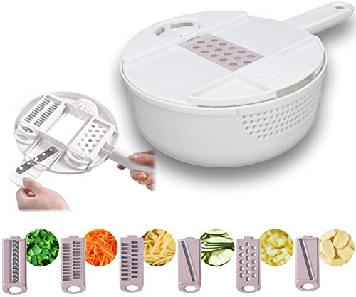 Picadora cortadora de verduras 12 en 1, trituradora de alimentos manual redonda para cocina, herramienta para cortar cebollas con cesta de drenaje, cepillo protector de manos(rosado)