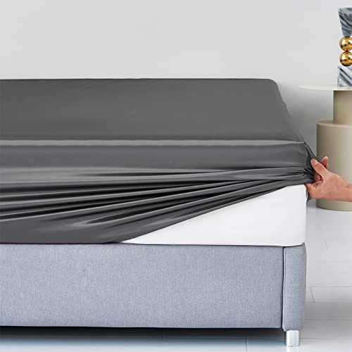 HAIBA Seide Bettlaken 200x220cm Satin Spannbettlaken Deluxe All-Inclusive rutschfeste Tagesdecke, Dunkelgrau, Tiefe Taschen passen übergroße Matratzen mit Einer Tiefe von bis zu 35cm