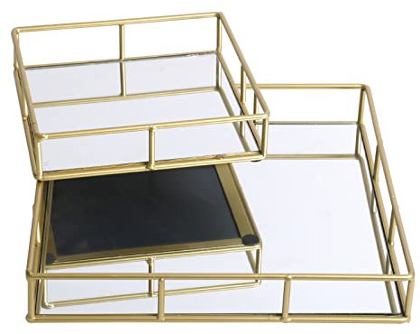 Fornord Mirror Tray Gold Decorative Mirrored Glass Metal Perfume Vanity Dresser Jewellery Cosmetics Organiser Candle Tealight Plate Display Drinks Tray, Set Of 2 (Square)