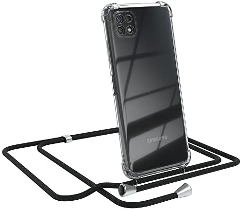 EAZY CASE Handykette kompatibel mit Galaxy A22 5G Handyhülle mit Umhängeband, Handykordel mit Schutzhülle, Silikonhülle, Hülle mit Band, Stylische Kette für Smartphones, Schwarz