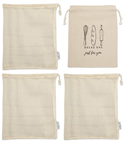 Pretty Wallaby| Onion & Potato&Root Vegetable Reusable Mesh Bags| Plastic Free| Eco-Friendly|100% Cotton| Set of 3 X-Large Bags & 1 Large Linen Bread Bag