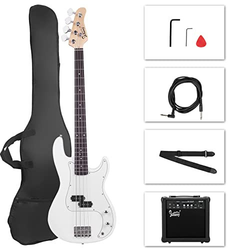 GLARRY - Bajo eléctrico de tamaño completo con amplificador de 20 W, kit de inicio de 4 cuerdas para principiantes con accesorios incluyendo cable, correa, bolsa para niños y adultos (blanco)