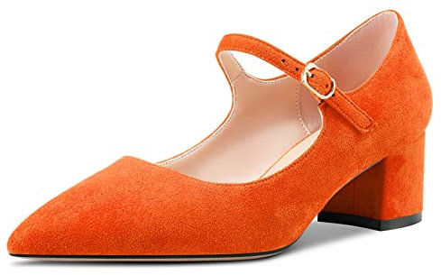 Aachcol Mujer Pumps Mary Jane Puntiaguada Punta Correa Tobillo Chunky Ancho Medio Bajos Heel Dress Zapatos Ante de Boda de Compras Naranja 5 CM 39 EU