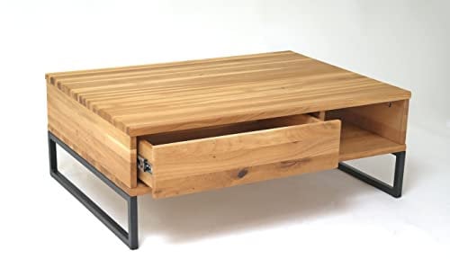 DEINE TANTE EMMA 2135 Couchtisch Hugo Wohnzimmertisch Eiche massiv/Schwarz Metall mit Schublade ca. 90 x 34 x 60 cm