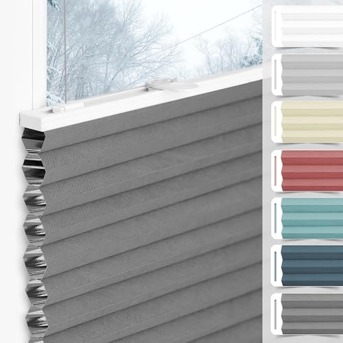 bobodeco Wabenplissee Plissee ohne Bohren Verdunkelung Klemmfix Thermo Verdunklungsplissee, Grau-Weiß 45x110 cm(BxH), 100% Verdunkelnd & Sicht- & Schallschutz, Wärmeisolierung für Fenster & Tür