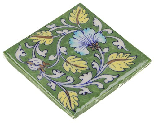 GURU SHOP Handbemalte Indische Keramikfliese, Vintage Keramik Untersetzer - Motiv 8, Grün, 10x10x0,7 cm, Untersetzer, Tabletts