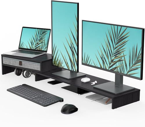 Fenge Dual Monitorständer Bildschirmständer mit Schublade für Computer TV Laptop, Monitorständer, Länge und Winkel Einstellbar,78,3-113x23,5x7,3cm, Schwarz