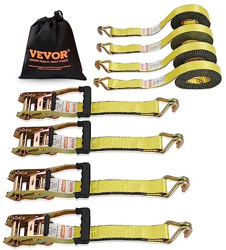 VEVOR Sangle à Cliquet Lot de 4 Sangles d'Arrimage Résistance à la Rupture Max. 4536 kg 0,05x8 m Crochet Double J pour Sécuriser Cargaison, Appareils Électroménagers, Équipement, Motos, Déménagement