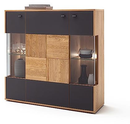 Lomadox Highboard Vitrinenschrank in Eiche Bianco teilmassiv, B/H/T ca. 124/120/37 cm