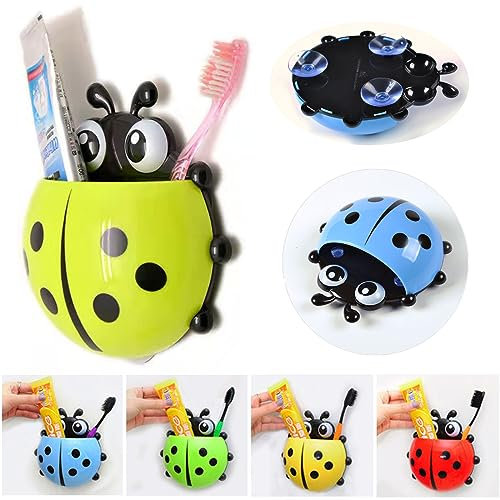 Ranvi Toothbrush Holder, 4Pcs Cute Ladybug Design, Suction Cup Toothpaste Holder for Kids & Adults, Multi-Toothbrush Holder, Bathroom Storage and Organization
