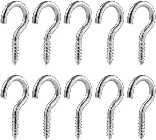 Screw Hooks, Pack of 10, Screw-In Hooks, Stainless Steel Hooks, Ceiling Hooks, Curtain Screws, Heavy-Duty Screw Hooks, for Hanging, 50mm