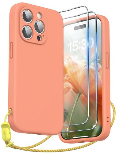 SURPHY Design for iPhone 15 Pro Case, Liquid Silicone Protection for Each Lens [2 x Screen Protectors & 1 x Lanyard] Shockproof Cover for iPhone 15 Pro 6.1 inch 2023, Orange Sorbet