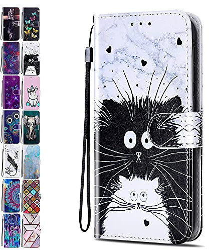 Lederhülle für Samsung Galaxy S7 Hülle Muster Handyhülle Flip Case Cover Schutzhülle mit Kartenfach Handytasche für Mädchen Damen - Katze Marmor