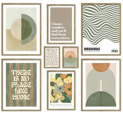 ARTFAVES® Poster Set - GREEN MID CENTURY - mehrteilige Wanddeko Wohnzimmer & Schlafzimmer - 8 moderne Wandbilder Abstrakte Formen, grün, beige - mit Rahmen Eiche-Optik