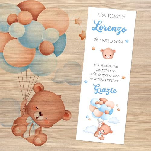 Cormar BIGLIETTINO BOMBONIERA BATTESIMO PERSONALIZZATO SEGNAPOSTO IDEA ORIGINALE RICORDO KIT DA 60 PEZZI (BATTESIMO AZZURRO)