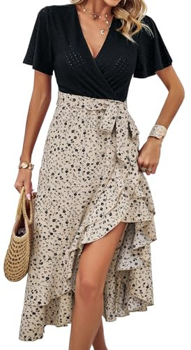 IFFEI Sommerkleid Damen Elegant Schlitz Boho Blumenkleid Leichte Knielang Freizeitkleid mit Gürtel Freizeitkleid Aprikose M