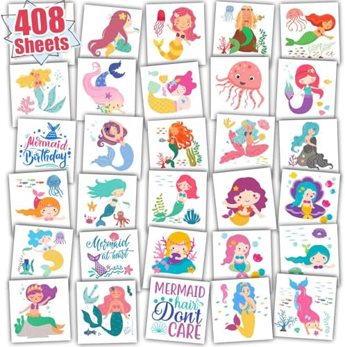 Leesgel 408 Blätter Kindertattoos Aufkleber Hautfreundlich, Meerjungfrau Tattoo Kinder für Meerjungfrau Geburtstag Deko, Kinder Tattoo Mädchen für Meerjungfrau Spielzeug Party Mitgebsel