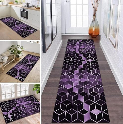 ZDYHMrj Teppich Läufer Flur Küche rutschfest waschbar Teppichläufer Lang 80X150CM Violett Schwarz Modern Design Meterware Korridor Tepiche Esszimmer Schlafzimmer Wohnzimmer Schmutzfangmatte