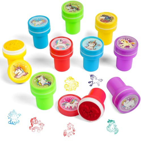 OSDUE 10 Stück Stempel Kinder, Kinder Briefmarken, Stempelset Tiere, Selbstfärbend für Kinder, Niedliche Spielzeugstempel aus Plastik, Spiel, Spaß, Hobby und mehr (Einhorn)
