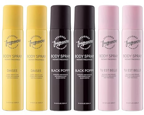 Designer Fragrances 6 Pack Assorted Aromas Bundle - Tu Est Belle, Daisy, Black Poppy - Women's Body Spray Deodorant Cans - For Instant Freshness on The Go - Long Lasting Smell, Great Gifts - 100ml