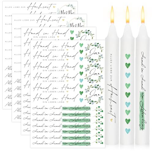 BETESSIN 4x Kerzentattoo Hochzeit Kerzenfolie Eukalyptus Kerzen Verzieren Sticker Alles Liebe zur Hochzeit Aufkleber Kerzensticker Wasserschiebefolie Sticker DIY Kerzen Tassen Stabkerzen Dekoration
