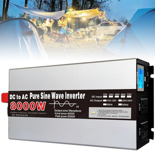 HENGCMM Inversor Onda Pura 4000W 5000W 6000W 8000W Inversor de Corriente DC 12V 24V 48V 60V a AC 220V 230V para Tableta TV, Transformador para Coche Caravana Camion,8000W-12Vto220V