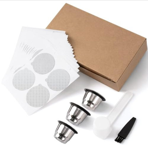 Capsule Espresso Réutilisable (3 capsules+120 couvercles), Dosette de Café réchargeable Durable en Acier Inoxydable, Compatible avec les Machines Nespresso Original Line