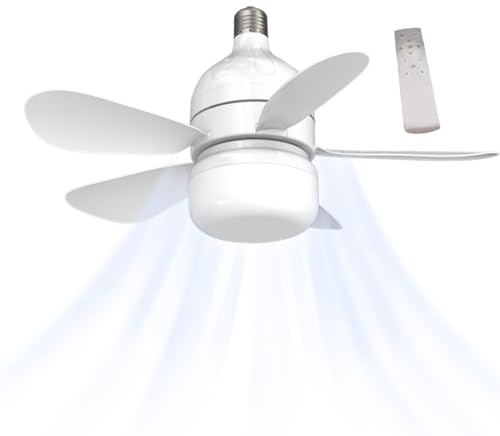 Lampada da ventilatore a portalampada – Ventilatore da soffitto a LED piccola lampada elettrica | ventilatore da soffitto a 4 velocità con luce LED, ventilatore a lampadina con 3 modalità