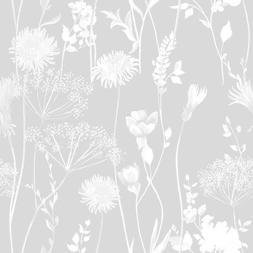 Meadowsweet Floral Grey Wallpaper - Naturistic Botanical Petals Flowers - Trendy Stylish Feature Wall