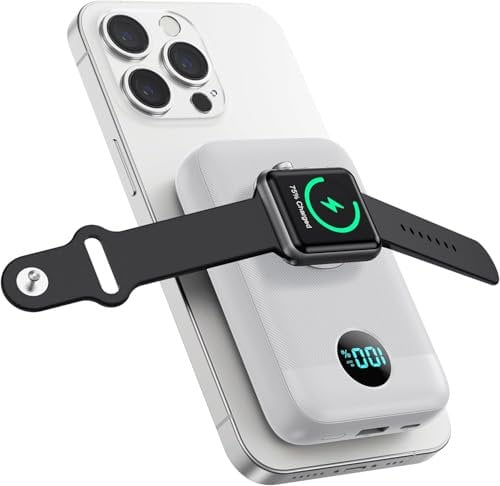 Magnetic Power bank 10800mAh,4-in-1 Wireless Portable Charger with iWatch Charger,QC4.0+20W PD Fast Charging USB C Battery Pack for Magsafe,iPhone16/15/14/13 Series,Apple Watch etc-White