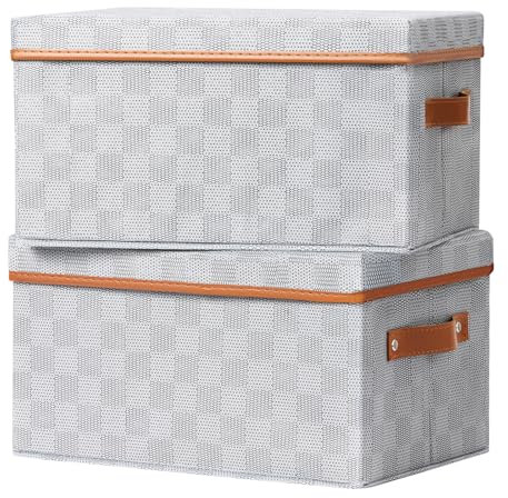 DIMJ Fabric Storage Boxes with Lids, Chessboard Design, Foldable Storage Baskets Organisers for Closet, Wardrobe & Shelf, Enduring with Leather Trim and Dual Handles, 36×25×20cm, 18L, Pack of 2