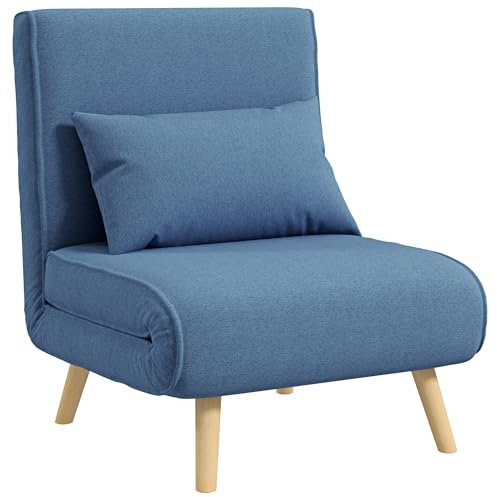 HOMCOM 3 in 1 1-Sitzer-Convertible-Sessel, Schlafsessel und Chauffeuse - 5-fach verstellbare Rückenlehne inkl. Kopfkissen, gepolsterte Sitzfläche - für Büro, Wohnzimmer, Schlafzimmer, blau