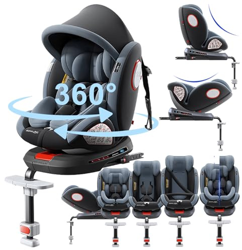 Doraystar 360° Drehbare Autositze: Liegeautositze mit Verstellbarer Kopfstütze und 5-Punkt-Sicherheitsgurt, Isofix, Gruppen 0/1/2/3, 0-36 kg, ECE R129 Zertifiziert (Grey High Version)