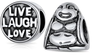 Set aus zwei Wort-Live-Laugh-Love-Mantra-Inspirations-Rund & Asiatischer Lachender Buddha Spiritueller Meditations-Charm-Perle für Frauen für Teenager .925 Sterlingsilber passt auf europäisches